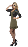 Side of green Top Gun dress with black bomber jacket with badges
