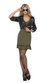 Green Top Gun dress with black bomber jacket with badges