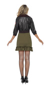 Back of green Top Gun dress with black bomber jacket with badges
