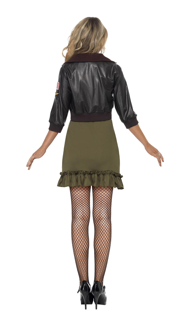 Back of green Top Gun dress with black bomber jacket with badges