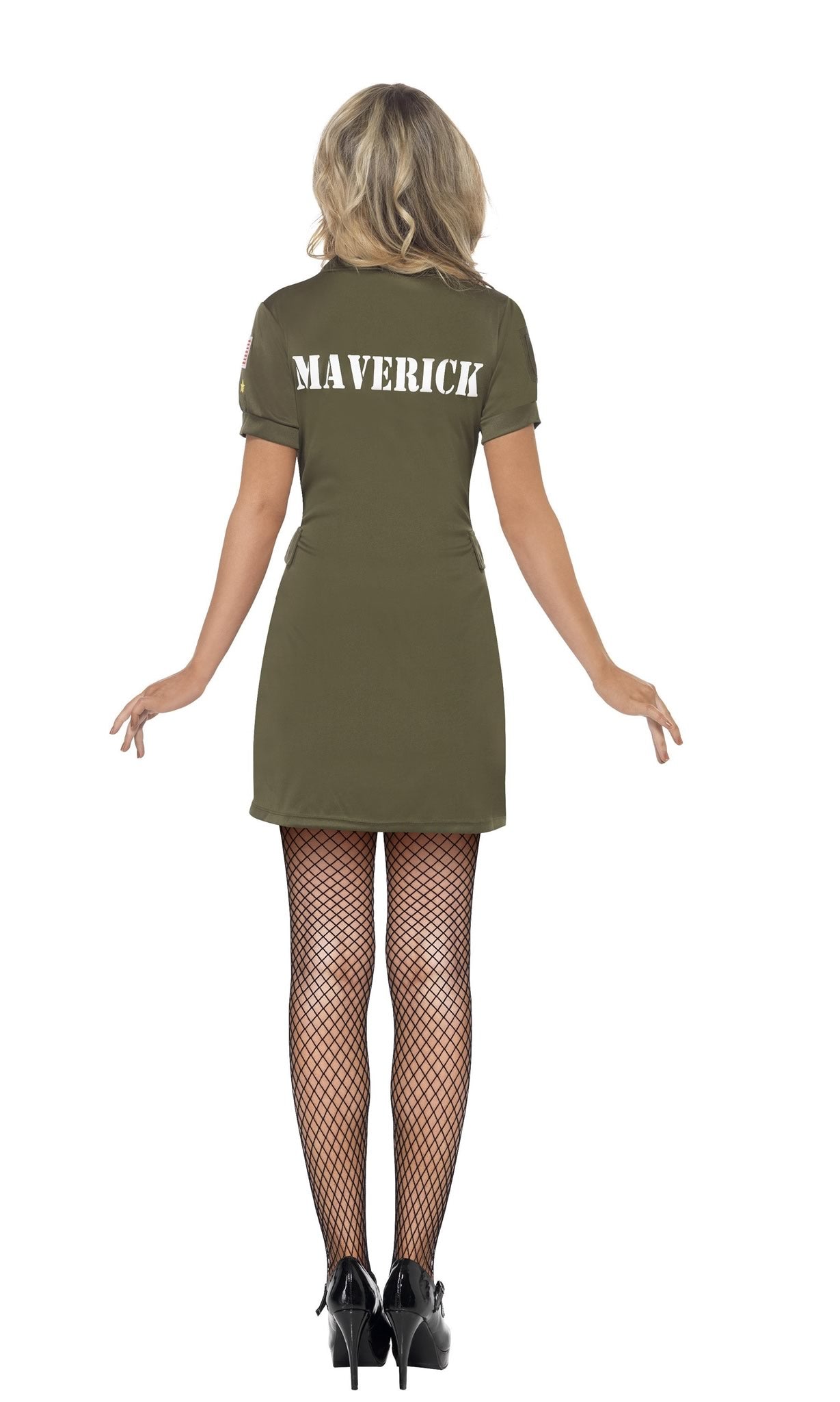 Back of short green Top Gun zip up dress with Maverick print