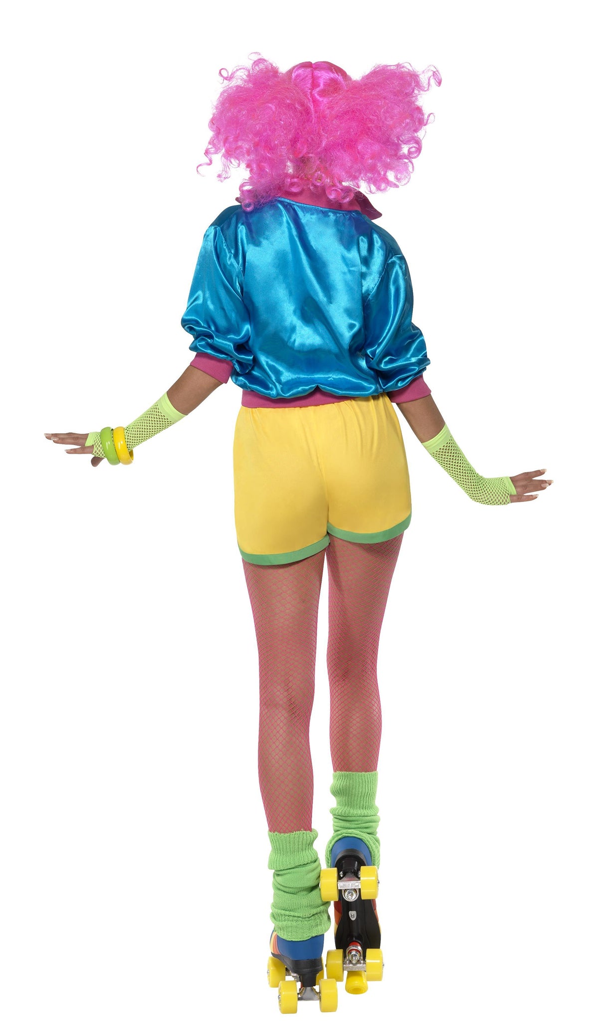 Back of 80s Roller Skating shorts in yellow with green and blue jacket with pink