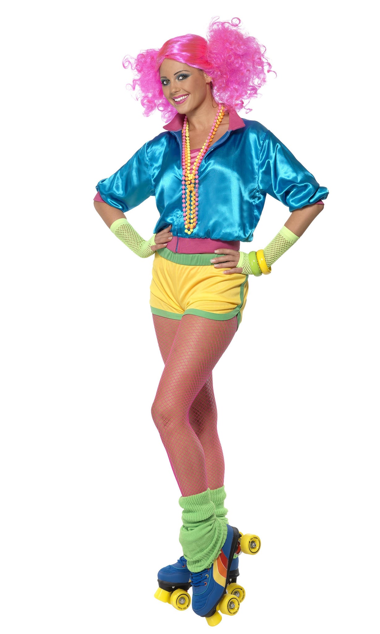 80s Roller Skating shorts in yellow with green and blue jacket with pink