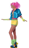 Side of 80s Roller Skating shorts in yellow with green and blue jacket with pink