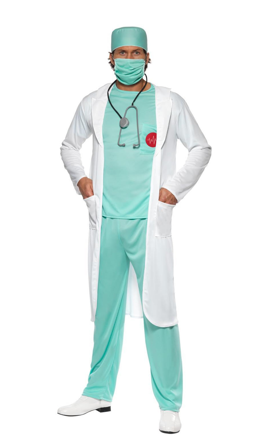 Alternate view of ER doctors uniform, hat and mask in green with white coat