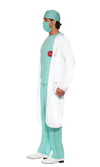 Side of ER doctors uniform, hat and mask in green with white coat