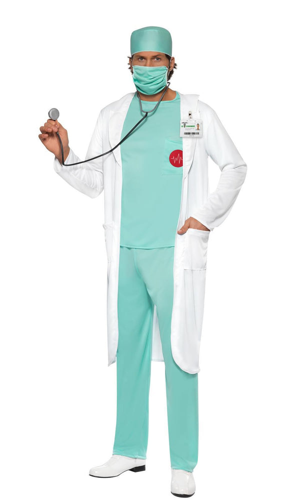 ER doctors uniform, hat and mask in green with white coat