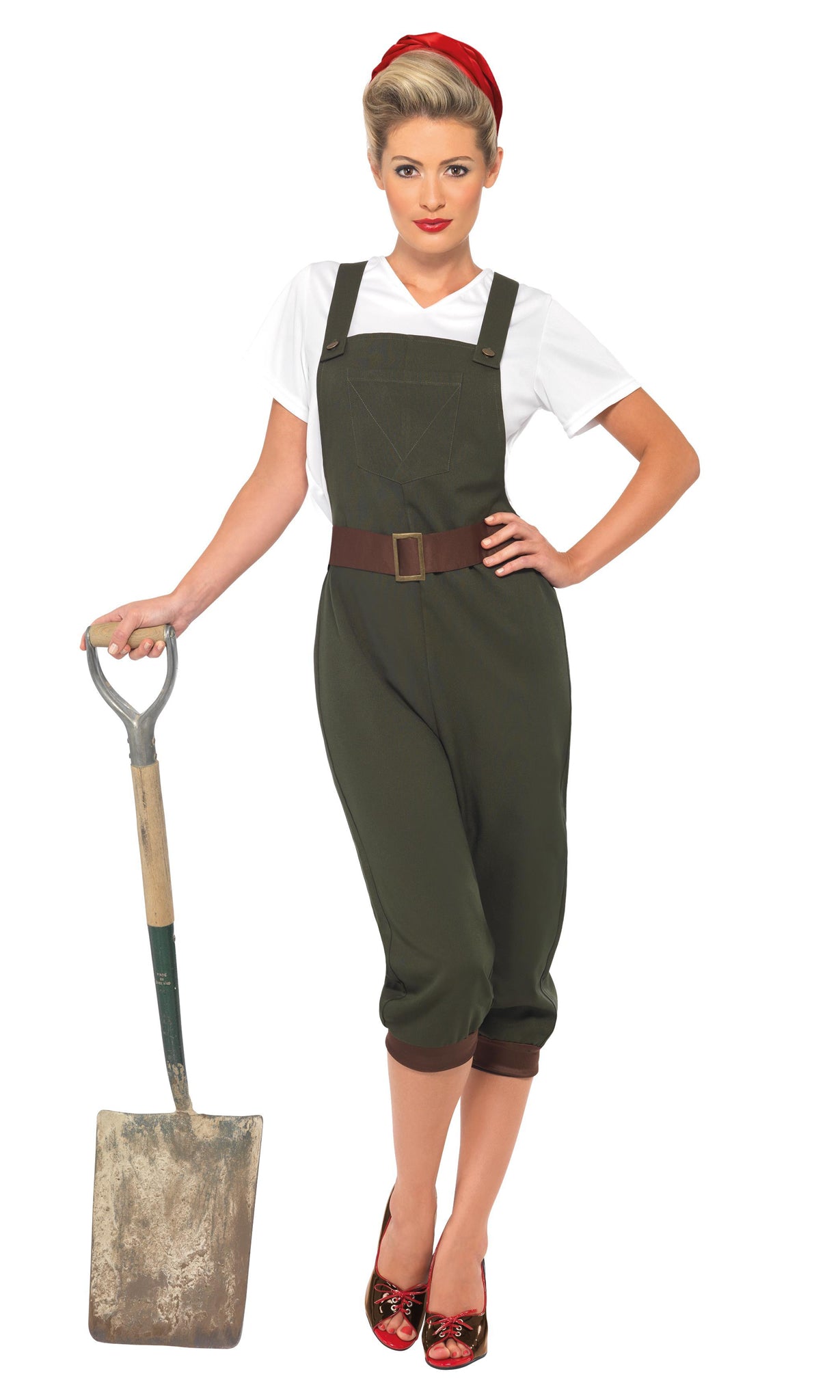 WW2 era landgirl costume in green dungarees, white top and red head scarf