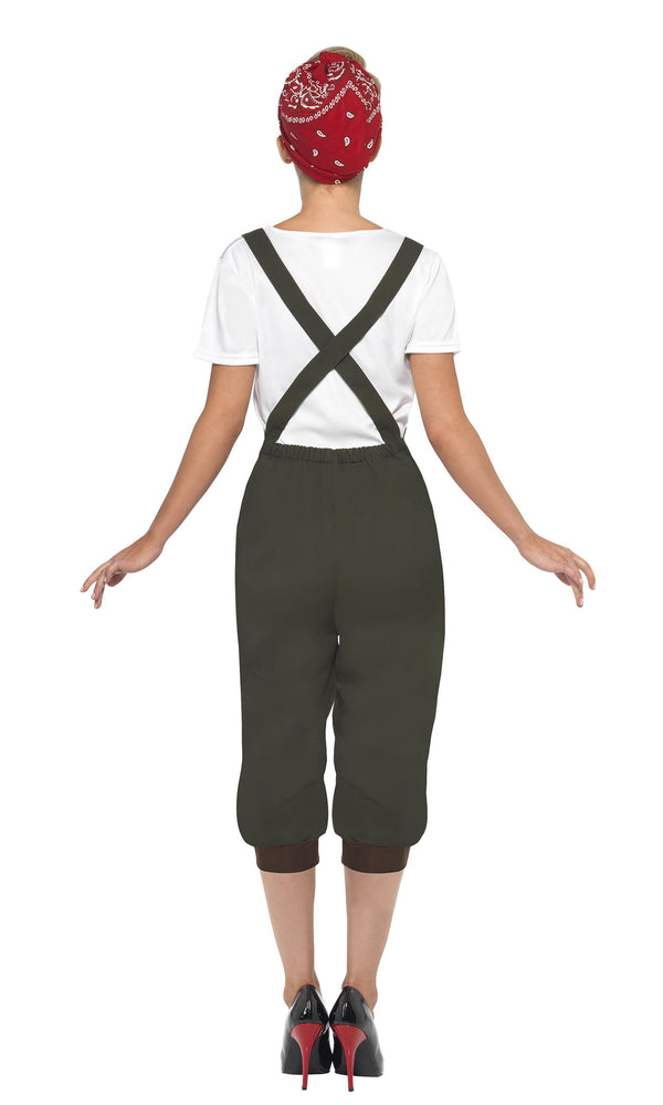 Back of WW2 era land girl costume in green dungarees, white top and red head scarf