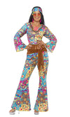 Hippie flower power costume with flare pants, headband, glasses and belt