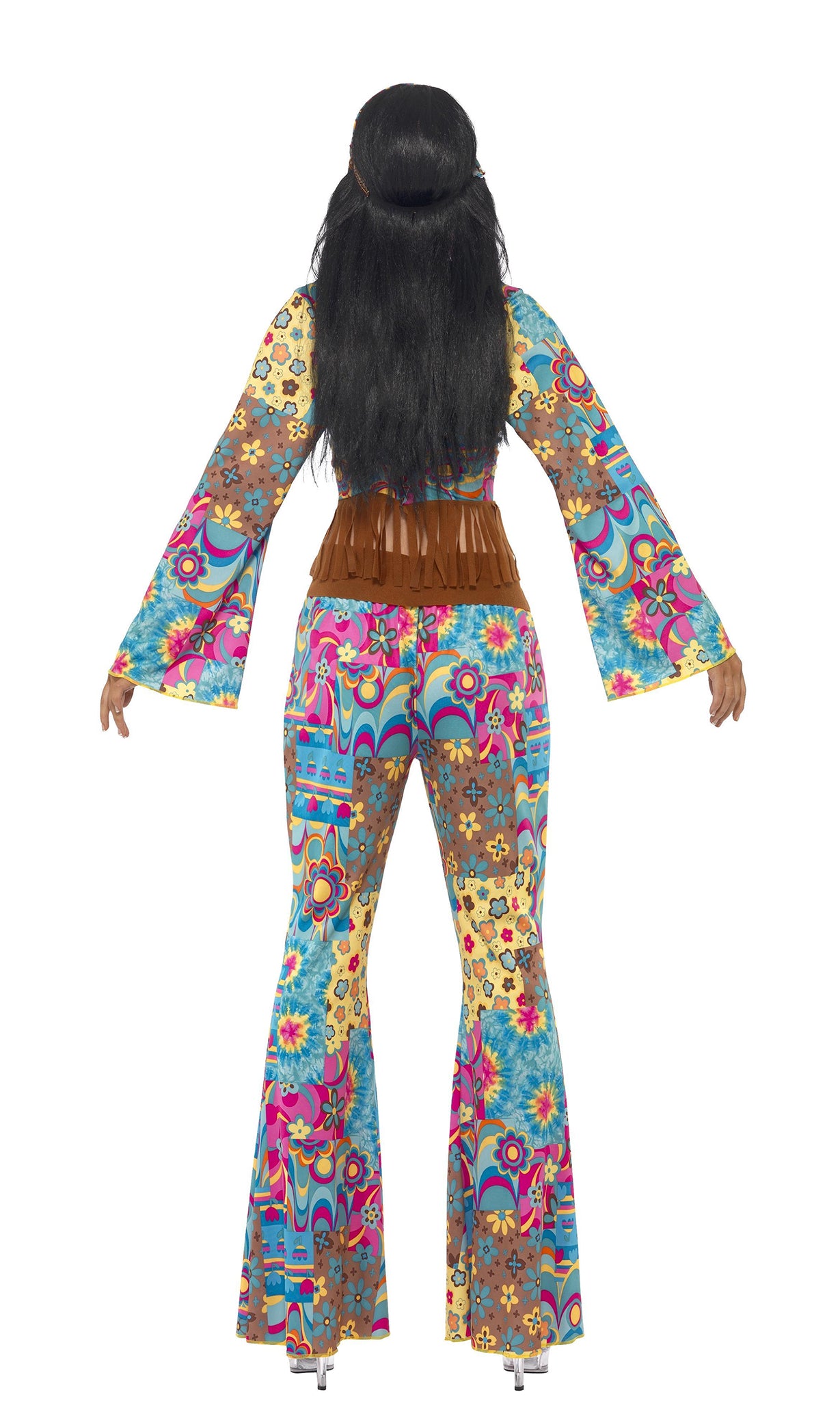 Back of hippie flower power costume with flare pants, headband, glasses and belt