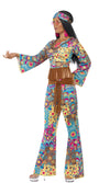 Side of hippie flower power costume with flare pants, headband, glasses and belt