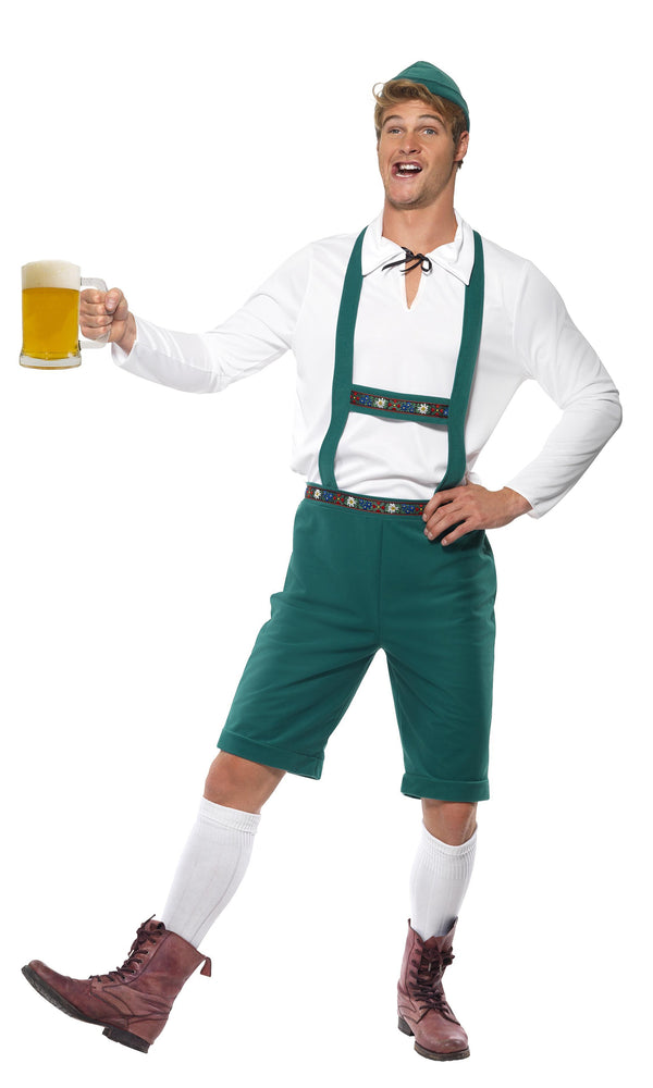 Green Oktoberfest shorts with braces, shirt and hat