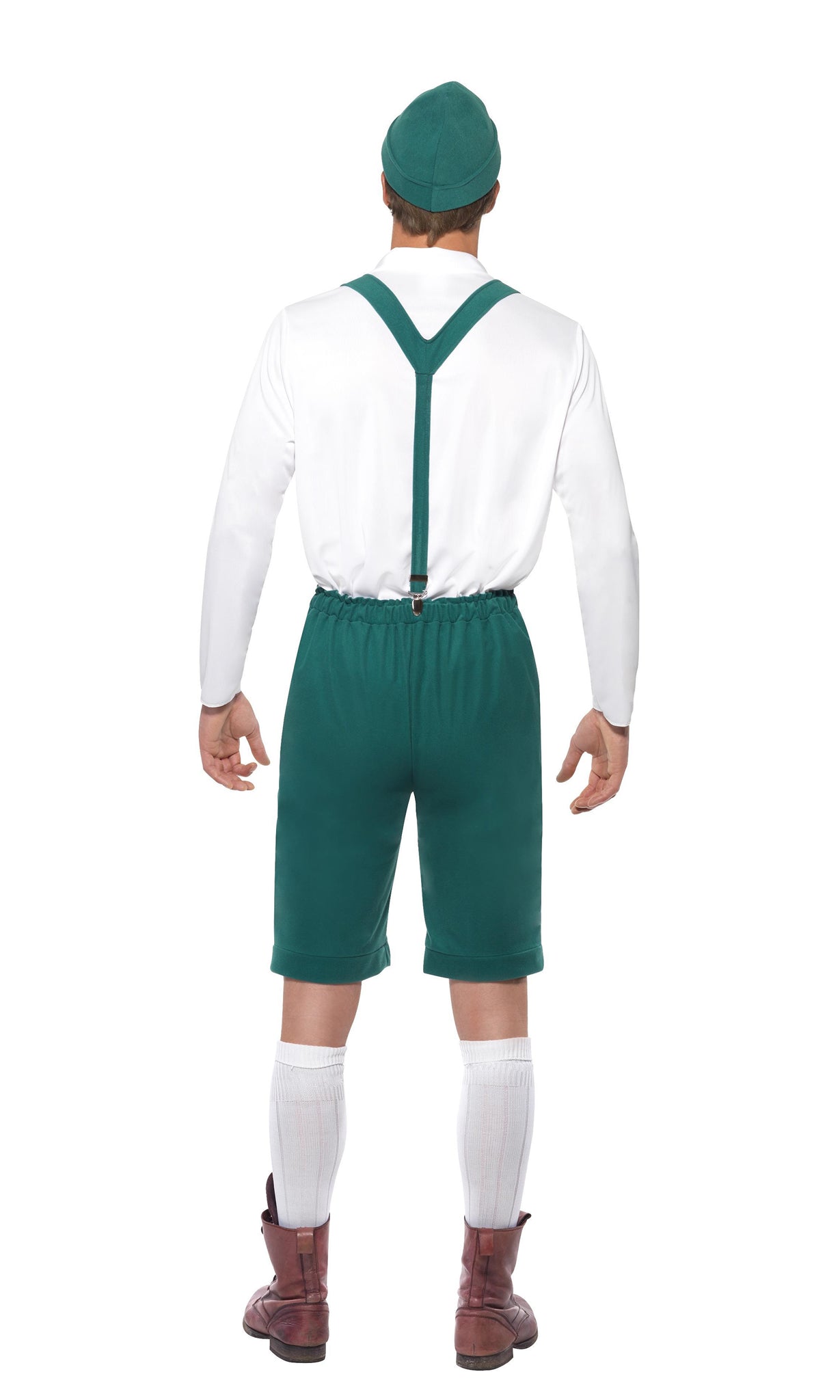 Back of green Oktoberfest shorts with braces, shirt and hat