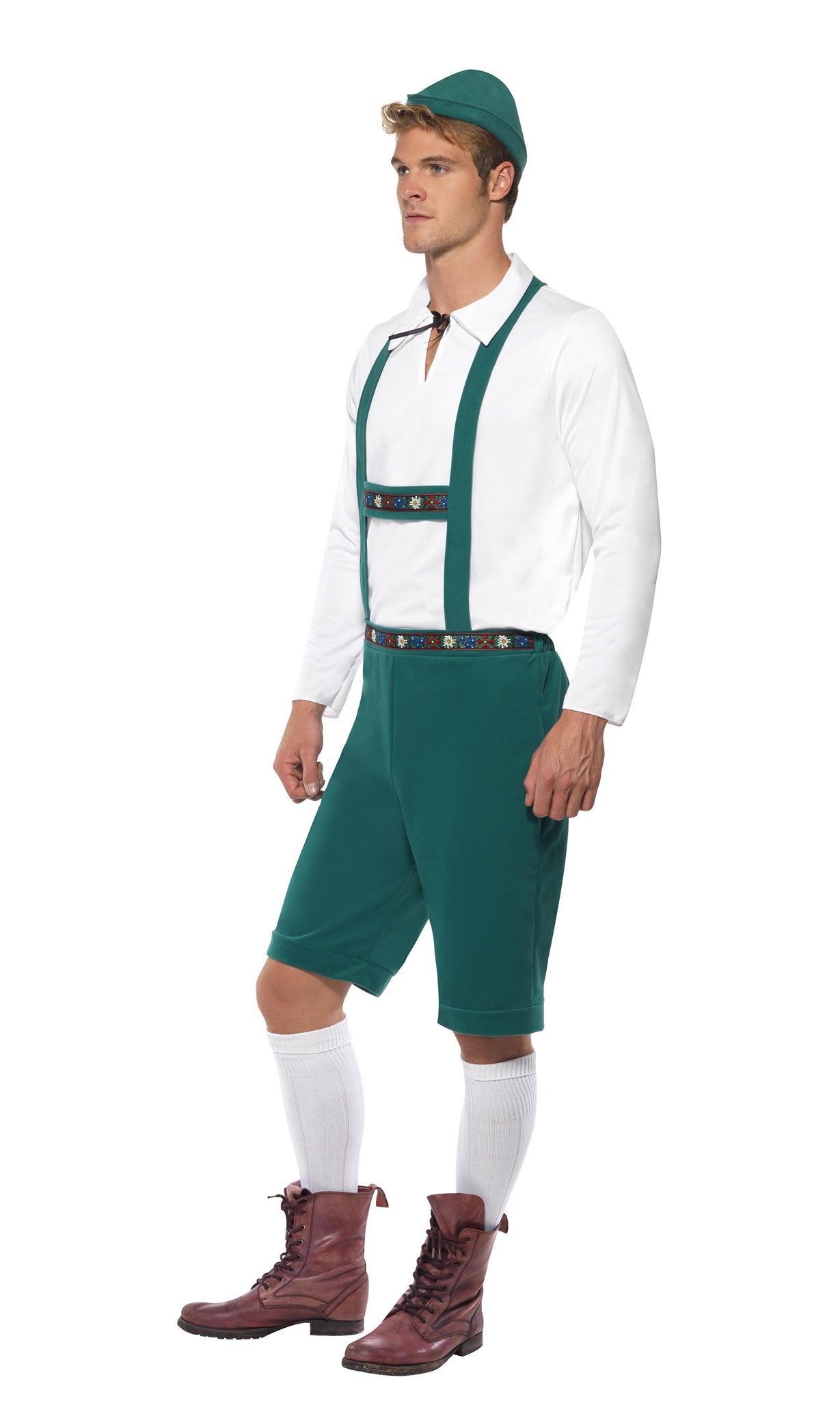 Side of green Oktoberfest shorts with braces, shirt and hat