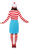 Back of red and white striped Where's Wenda costume with blue skirt, hat and glasses