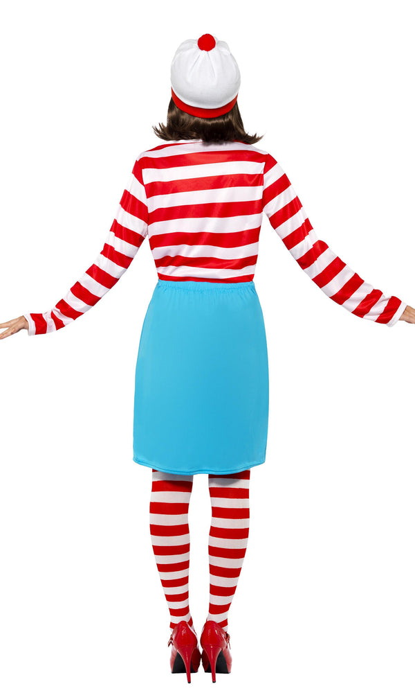 Back of red and white striped Where's Wenda costume with blue skirt, hat and glasses