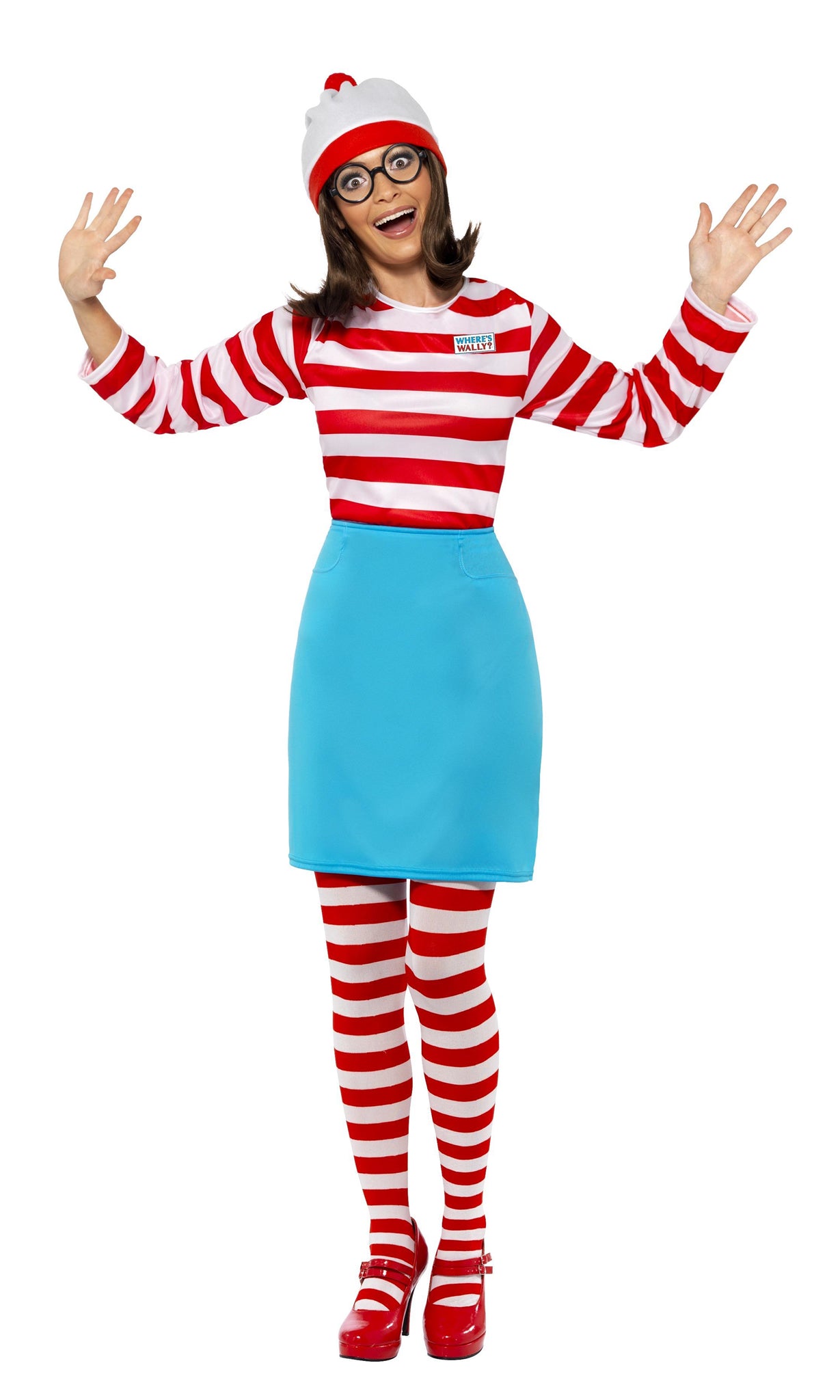 Red and white striped Where's Wenda costume with blue skirt, hat and glasses