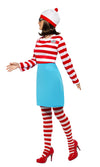 Side of red and white striped Where's Wenda costume with blue skirt, hat and glasses