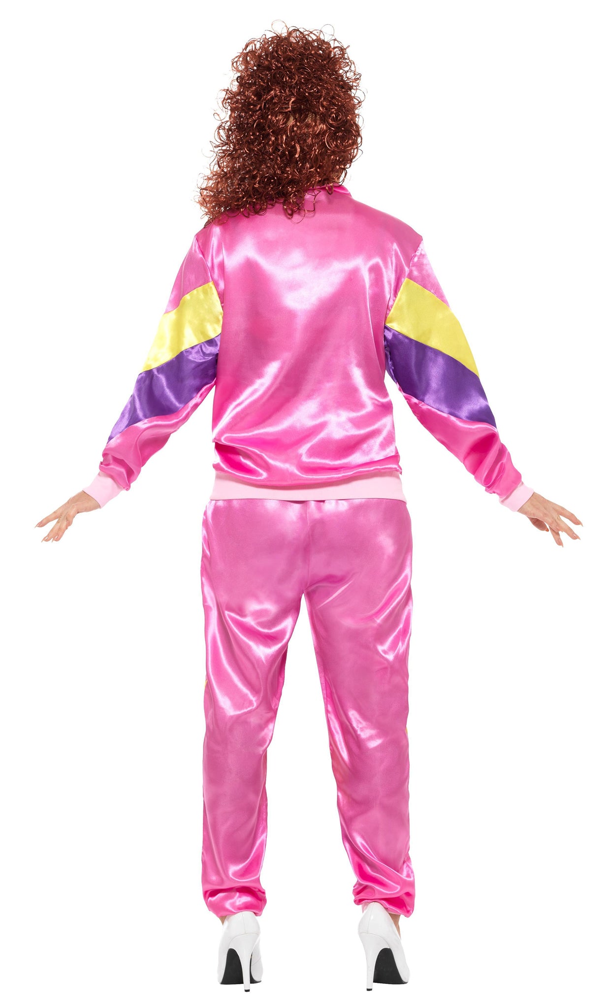 Back of pink, purple and yellow 80s shell suit