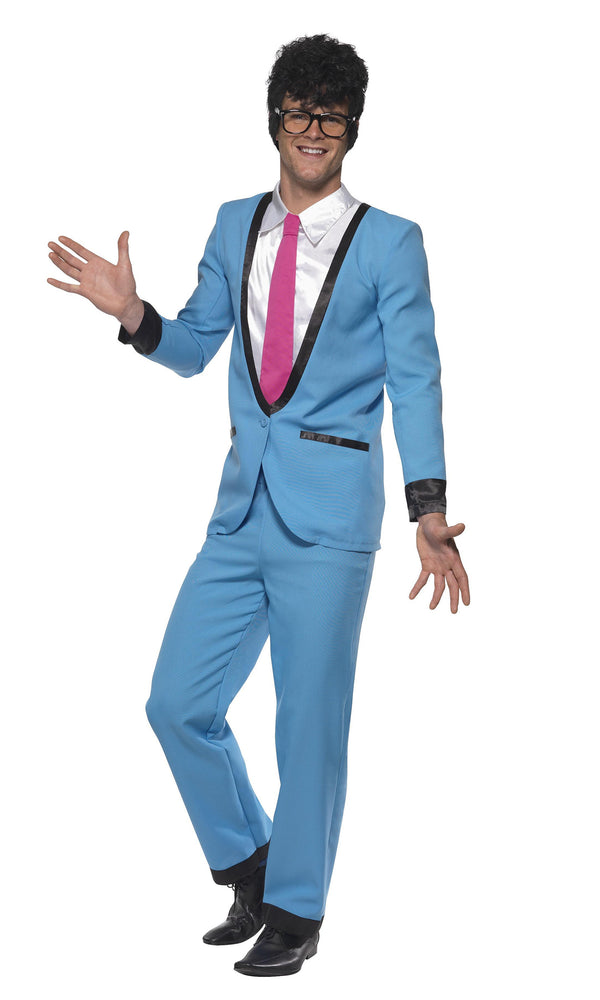 Blue teddy boy suit with shirt front and pink tie