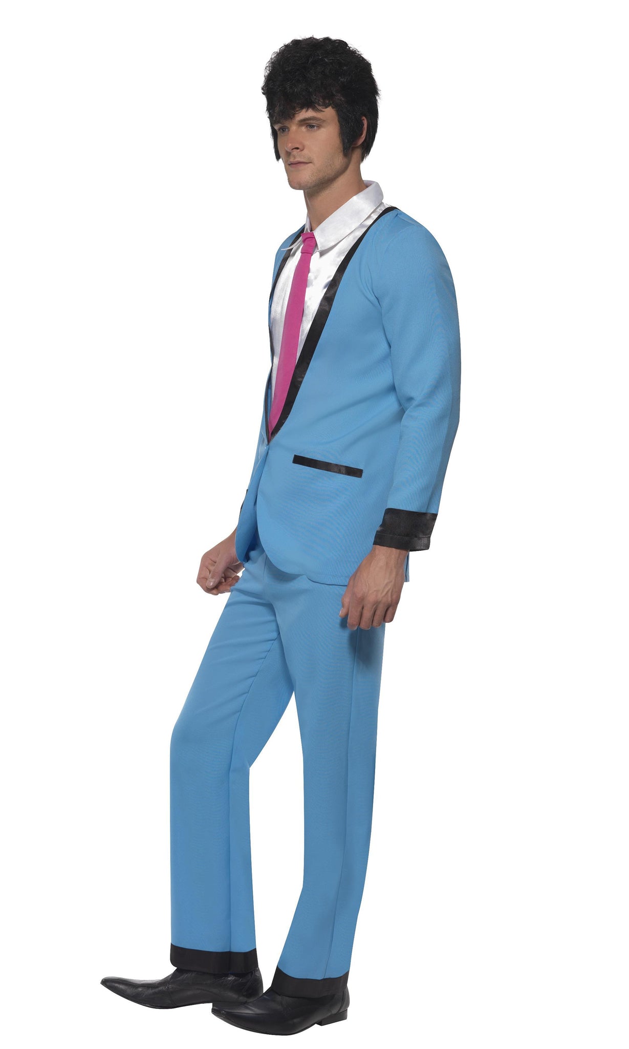 Side of blue teddy boy suit with shirt front and pink tie