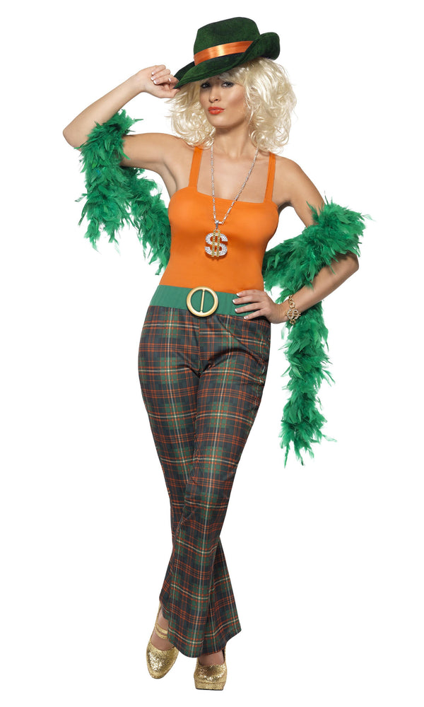 Woman's pimp costume with orange top, tartan pants and green belt with gold buckle