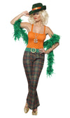 Woman's pimp costume with orange top, tartan pants and green belt with gold buckle