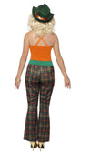 Back of woman's pimp costume with orange top, tartan pants and green belt