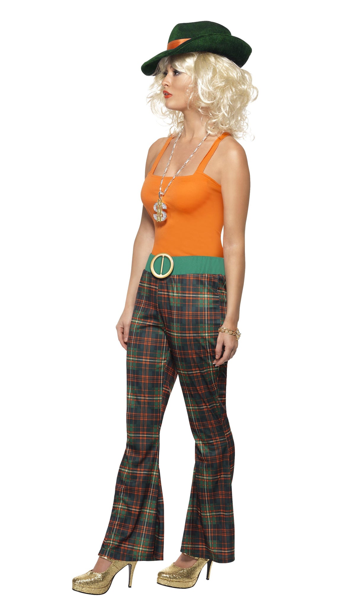 Side of woman's pimp costume with orange top, tartan pants and green belt