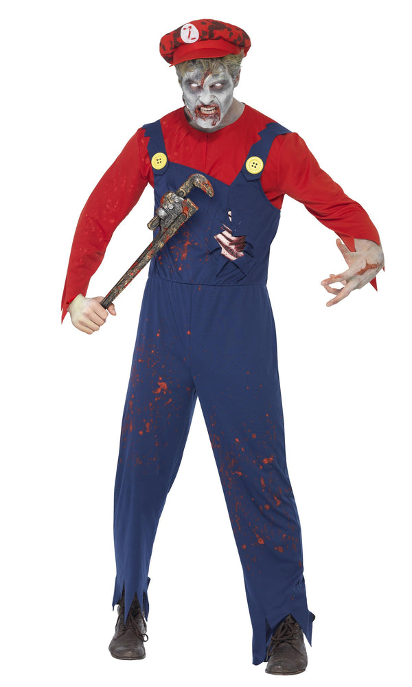 Mario style zombie plumber blue overalls and red top with hat