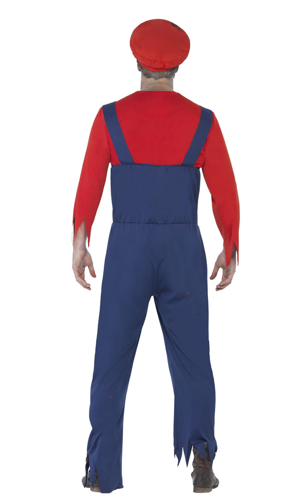 Back of Mario style zombie plumber blue overalls and red top with hat