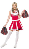 Red and white cheerleader costume with pom poms