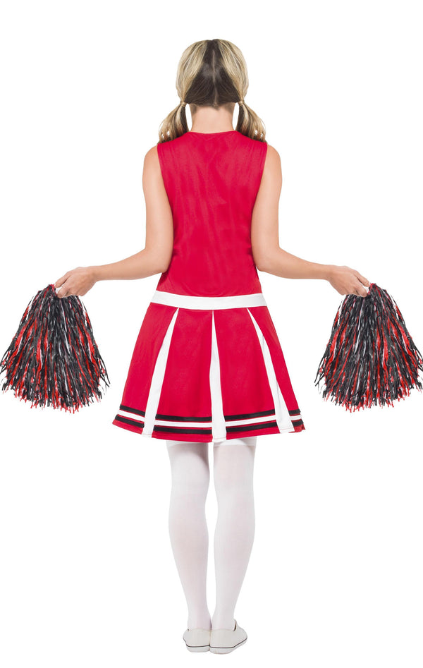 Back of red and white cheerleader costume with pom poms