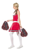 Side of red and white cheerleader costume with pom poms