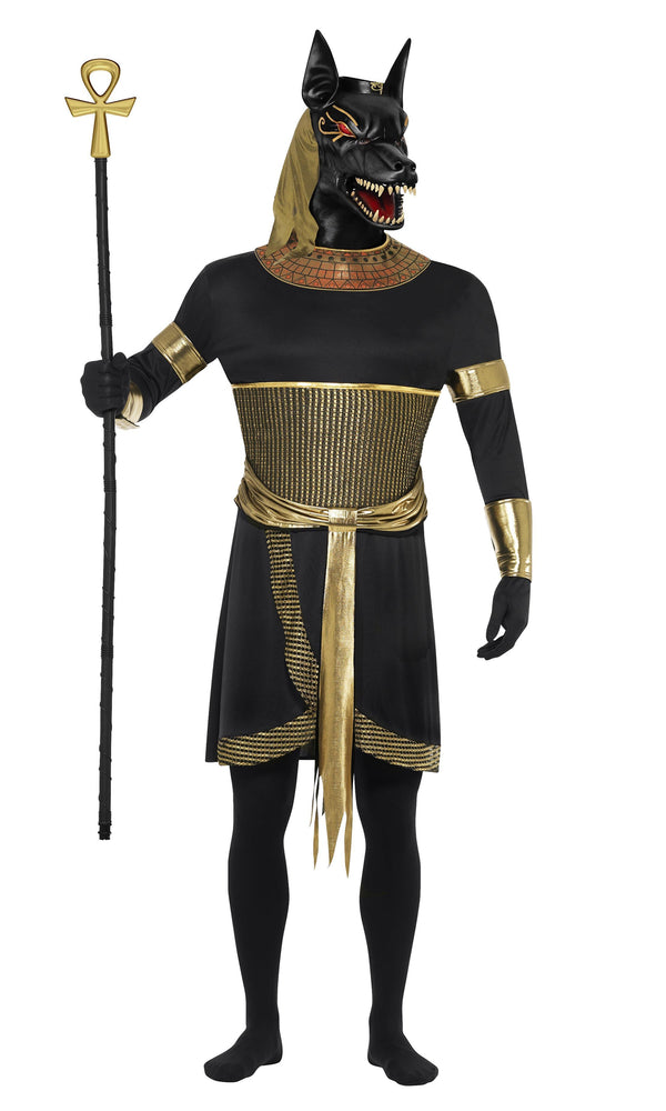 Black and gold Anubis Jackal Egyptian costume with latex mask, tunic, arm and wrist cuffs