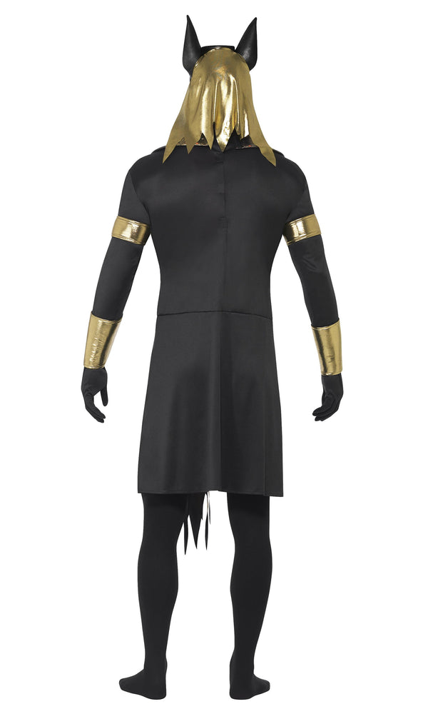 Back of black and gold Anubis Jackal Egyptian costume with latex mask, tunic, arm and wrist cuffs