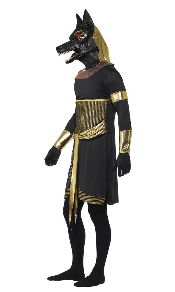 Side of black and gold Anubis Jackal Egyptian costume with latex mask, tunic, arm and wrist cuffs