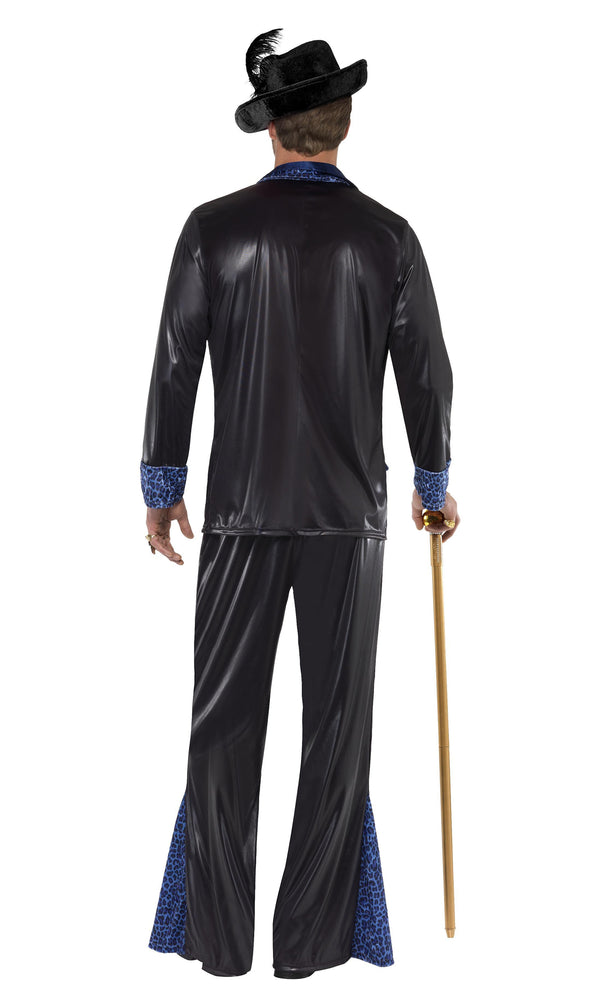 Back of black and blue pimp costume with hat