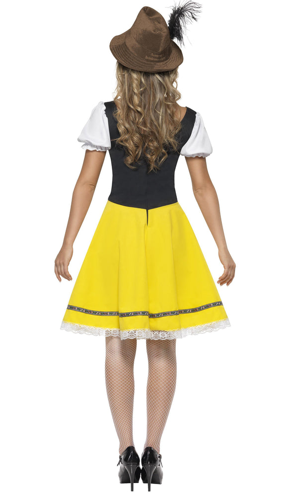 Back of lace trim yellow, green and white Oktoberfest dress with attached apron