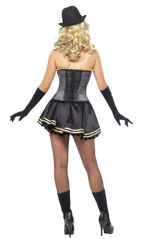 Back of boned corset black and gold top gangster costume with short skirt