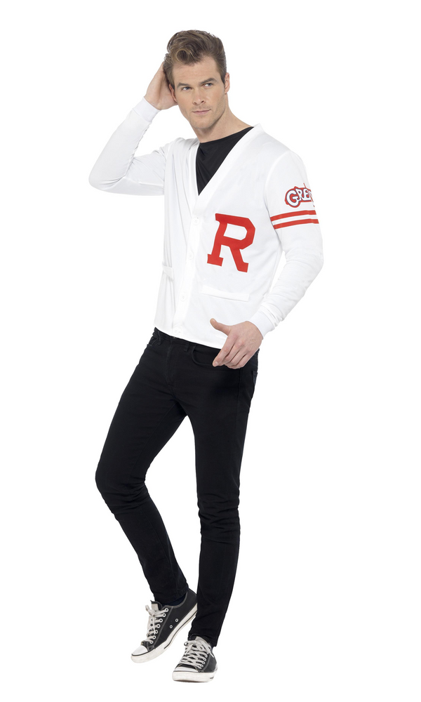 White Rydell school jacket with Grease logo and red stripes