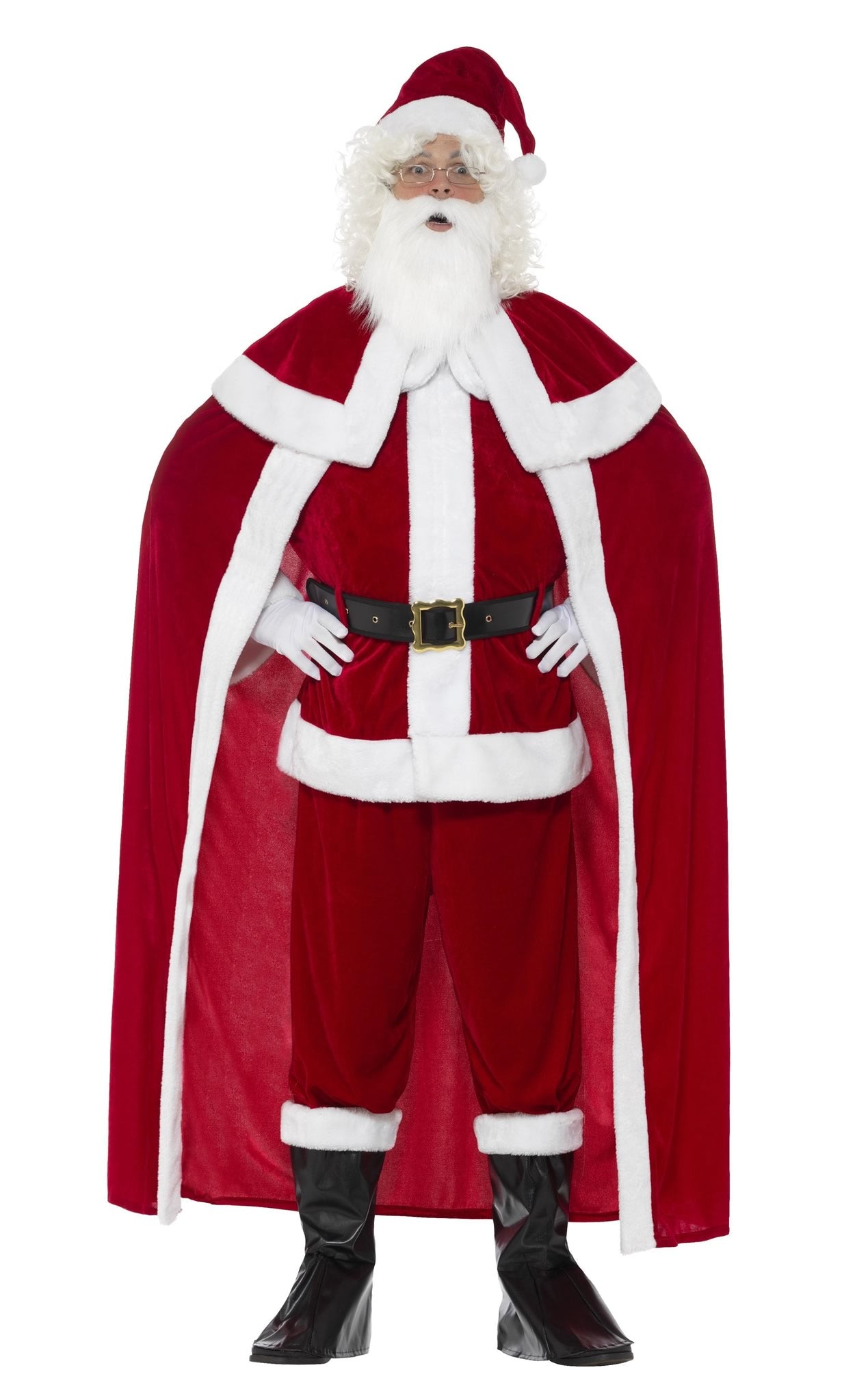 Deluxe Santa costume with cape, hat, belt, gloves, beard and boot tops