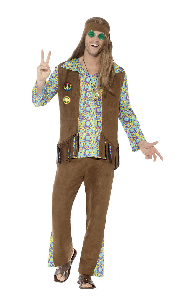 Men's hippy costume with brown waistcoat with tassels, head band, medallion and pants 