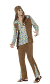 Side of men's hippy costume with brown waistcoat with tassels, head band, medallion and pants 