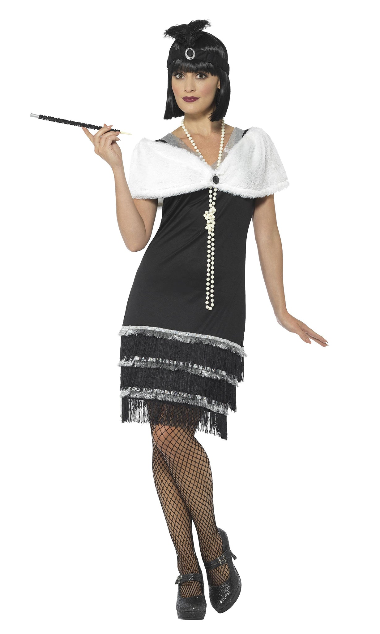 Black flapper dress with silver trim, white fur stole and black headband