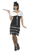 Black flapper dress with silver trim, white fur stole and black headband