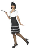 Side of black flapper dress with silver trim, white fur stole and black headband