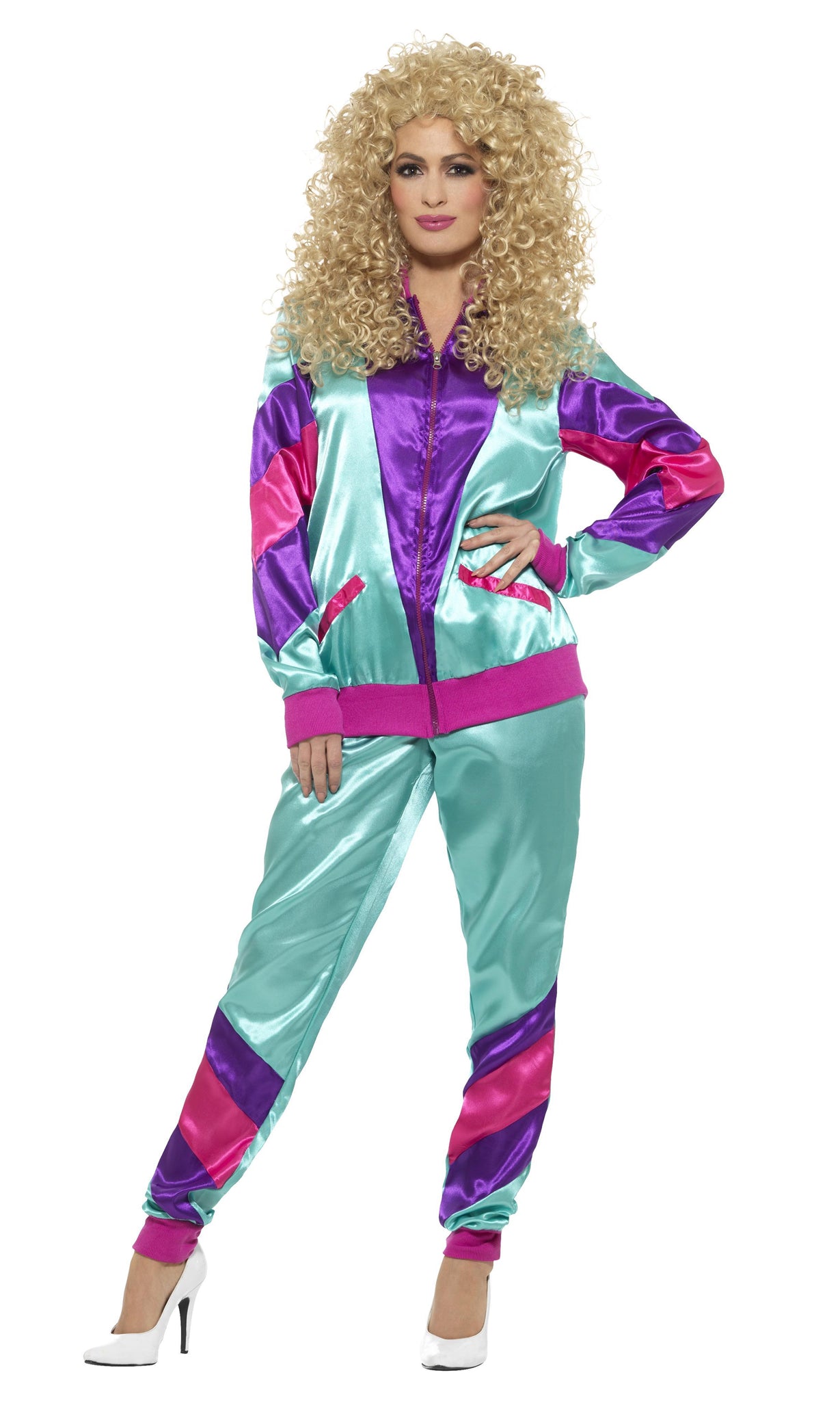 Green, purple and pink women's 80s shell suit