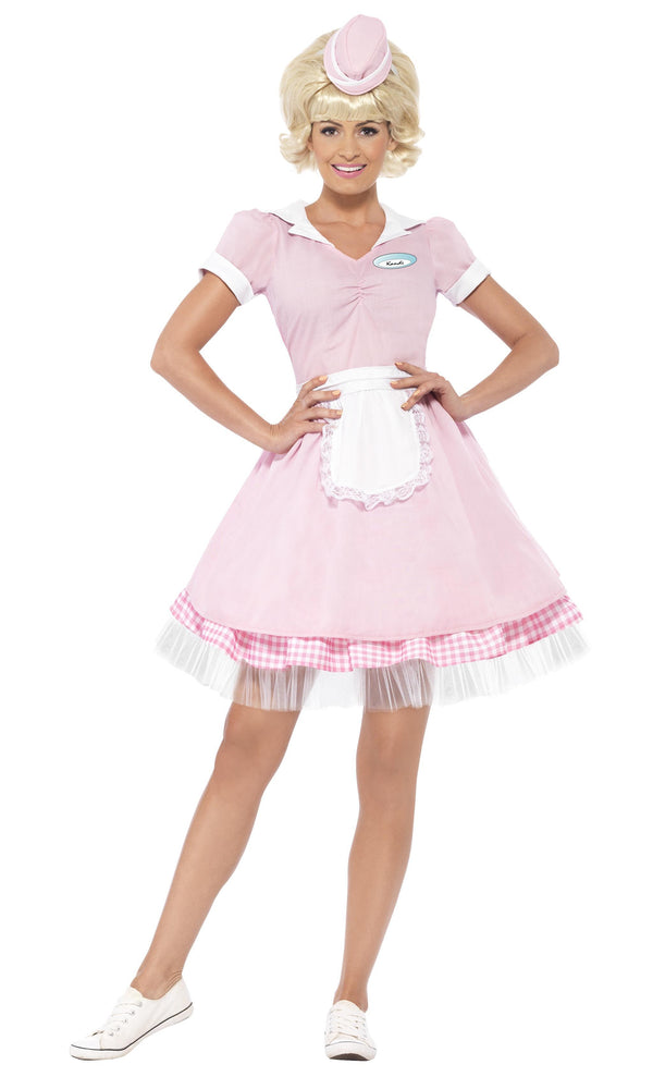 Pink 1950s diner dress with matching hat and small apron